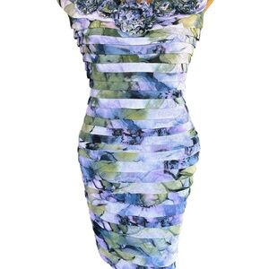 Adrianna Papell Striped Floral Midi Dress in Blue and Green